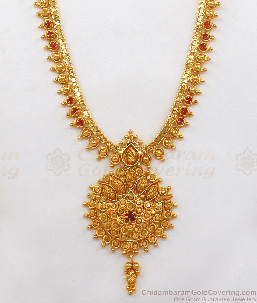 Attractive Ruby Stone One Gram Gold Haram For Marriage Collections HR1879