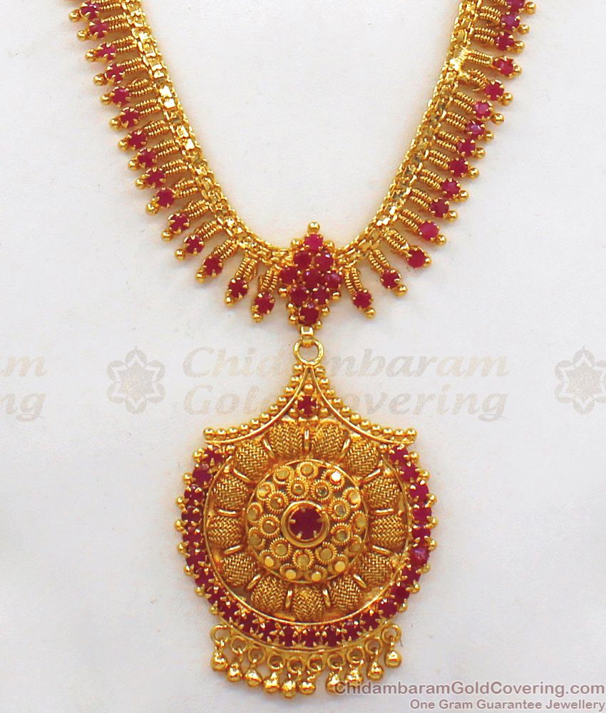 Full Ruby Stone One Gram Gold Haram For Bridal Wear HR1888