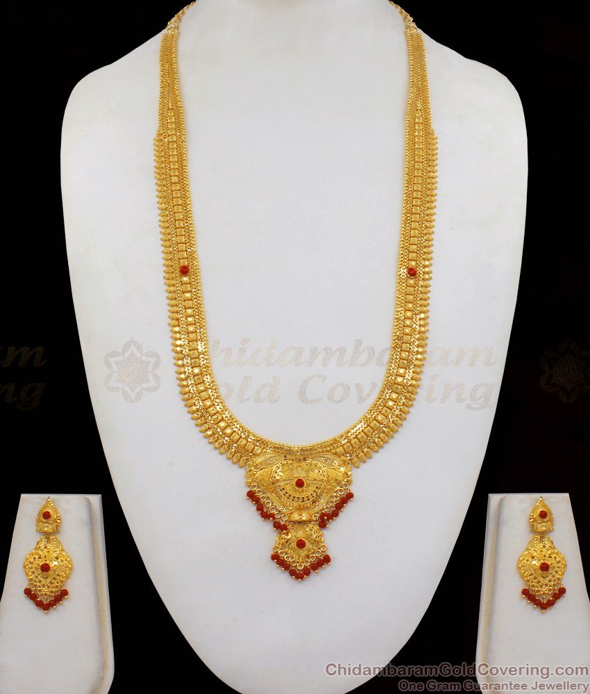 Karnataka Coral Pavala Stone Gold Haaram Forming Pattern Earrings Set HR1901