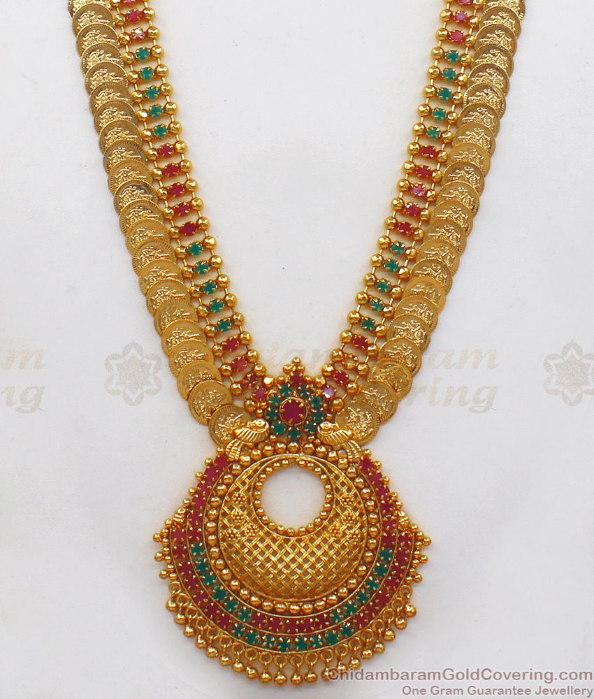 Grand Lakshmi Coin Gold Haram Design Multi Stone Jewelry For Bridal Wear HR1910