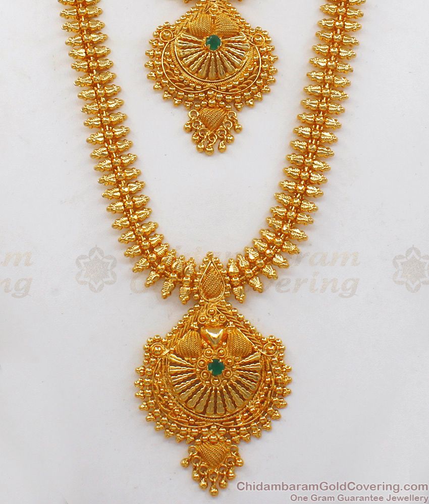 Single Emerald Stone Bridal Gold Haram Necklace Combo Set  HR1919