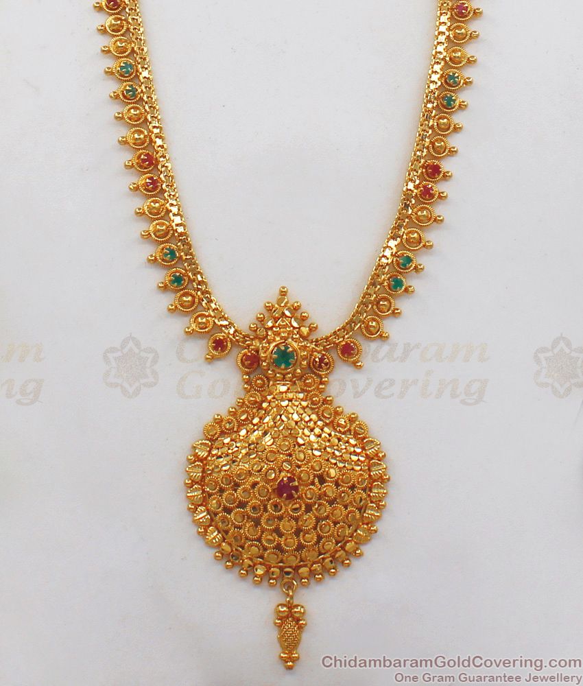 Pretty Ruby Emerald Stone Gold Haram From Chidambaram Gold Covering HR1925