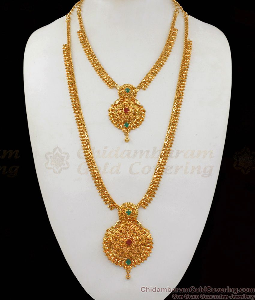 Traditional Ruby And Emerald Stone Look Real Gold Haram Necklace Combo Set HR1929