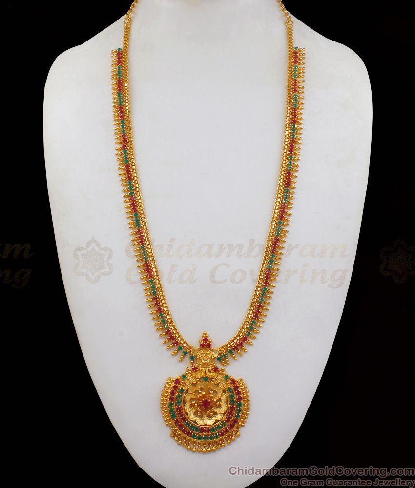 Latest Ruby Emerald Stone One Gram Gold Haram For Bridal Wear HR1959