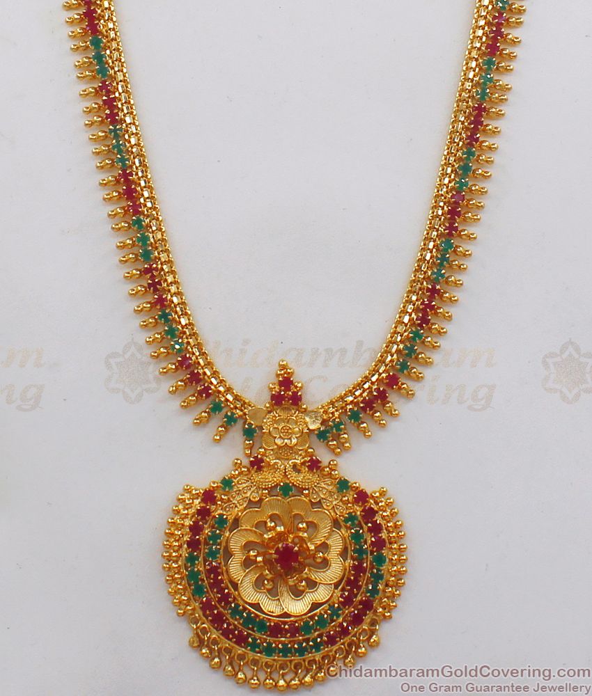 Latest Ruby Emerald Stone One Gram Gold Haram For Bridal Wear HR1959