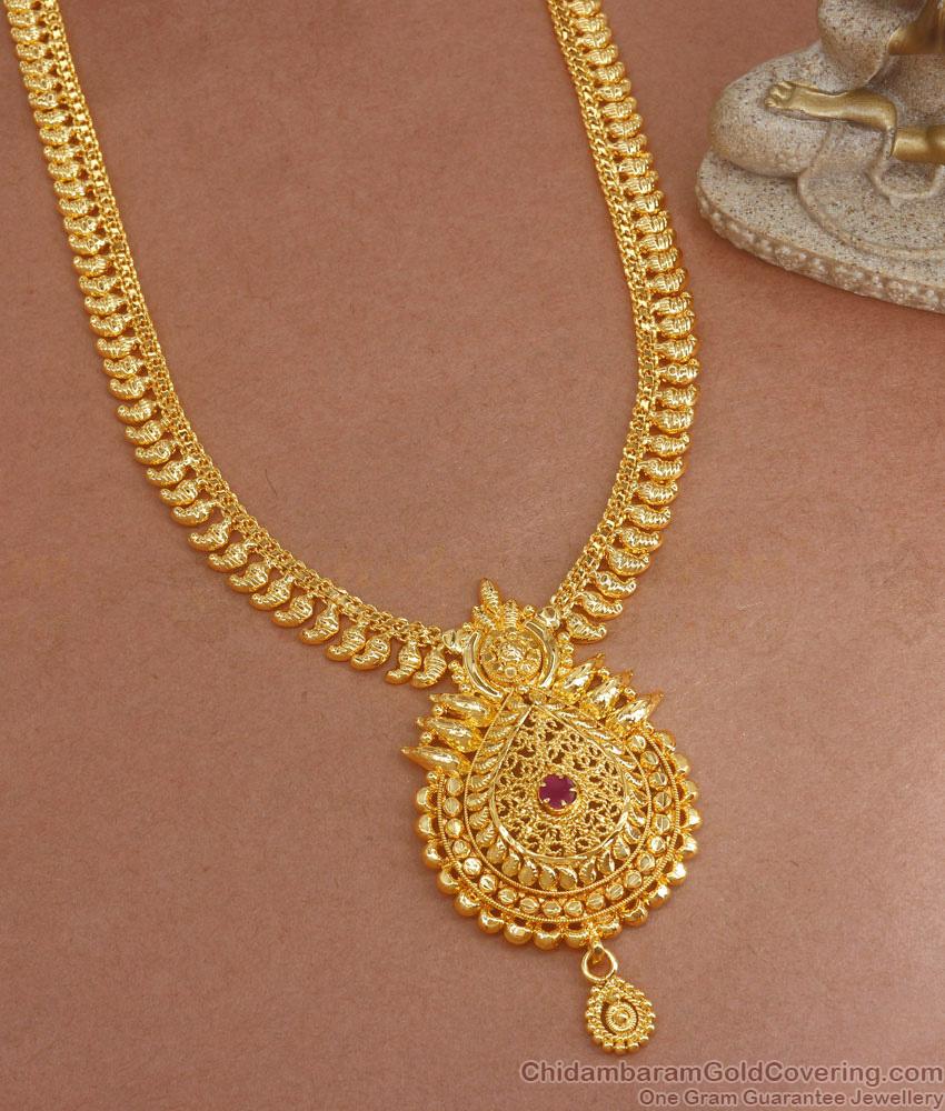 Kerala Bridal Gold Plated Haram Mango Design With Singler Ruby Stone HR2014