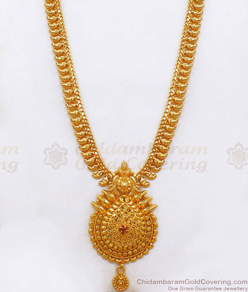 Kerala Bridal Gold Plated Haram Mango Design With Singler Ruby Stone HR2014