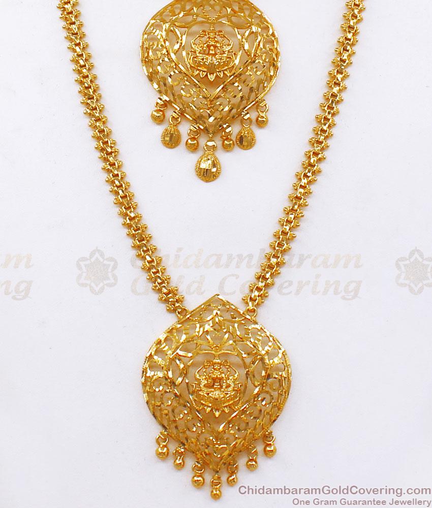 Plain Lakshmi Pattern Gold Imitation Haram Necklace Bridal Combo Set HR2019