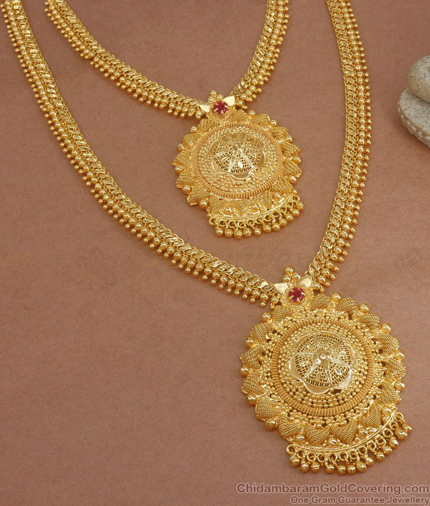 Elegant Kerala Gold Plated Haram Necklace Combo Ruby Stone Mullaipoo Set HR2020