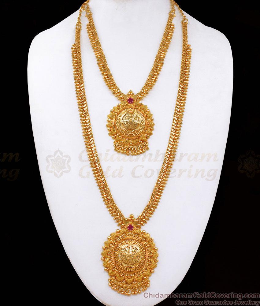 Elegant Kerala Gold Plated Haram Necklace Combo Ruby Stone Mullaipoo Set HR2020