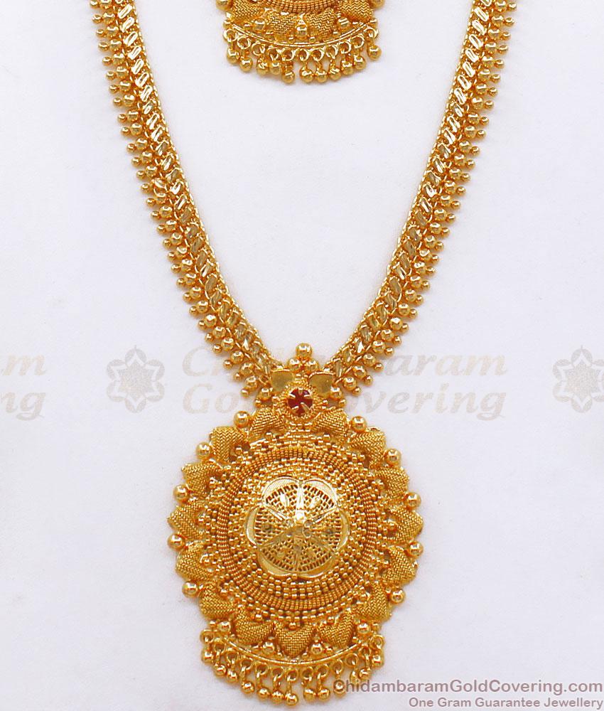 Elegant Kerala Gold Plated Haram Necklace Combo Ruby Stone Mullaipoo Set HR2020