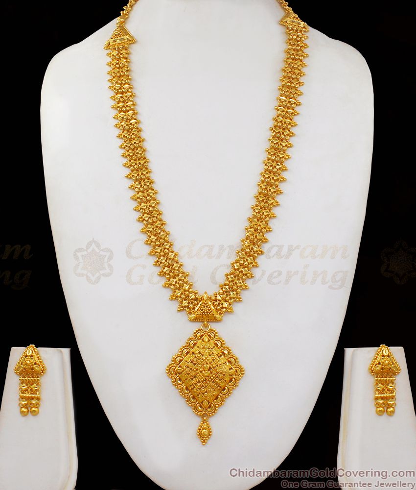 Kerala Model Gold Forming Long Haram Designs With Earrings HR2036