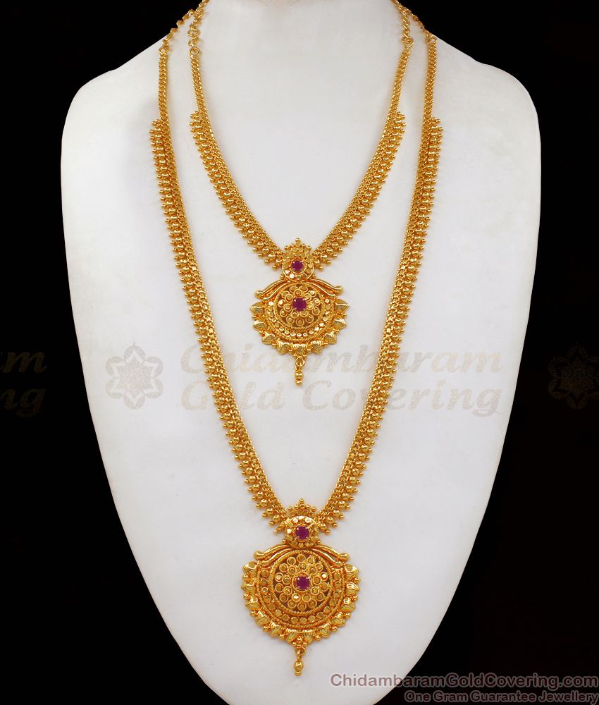 One Gram Gold Ruby Stone Haram Necklace Combo Designs HR2042