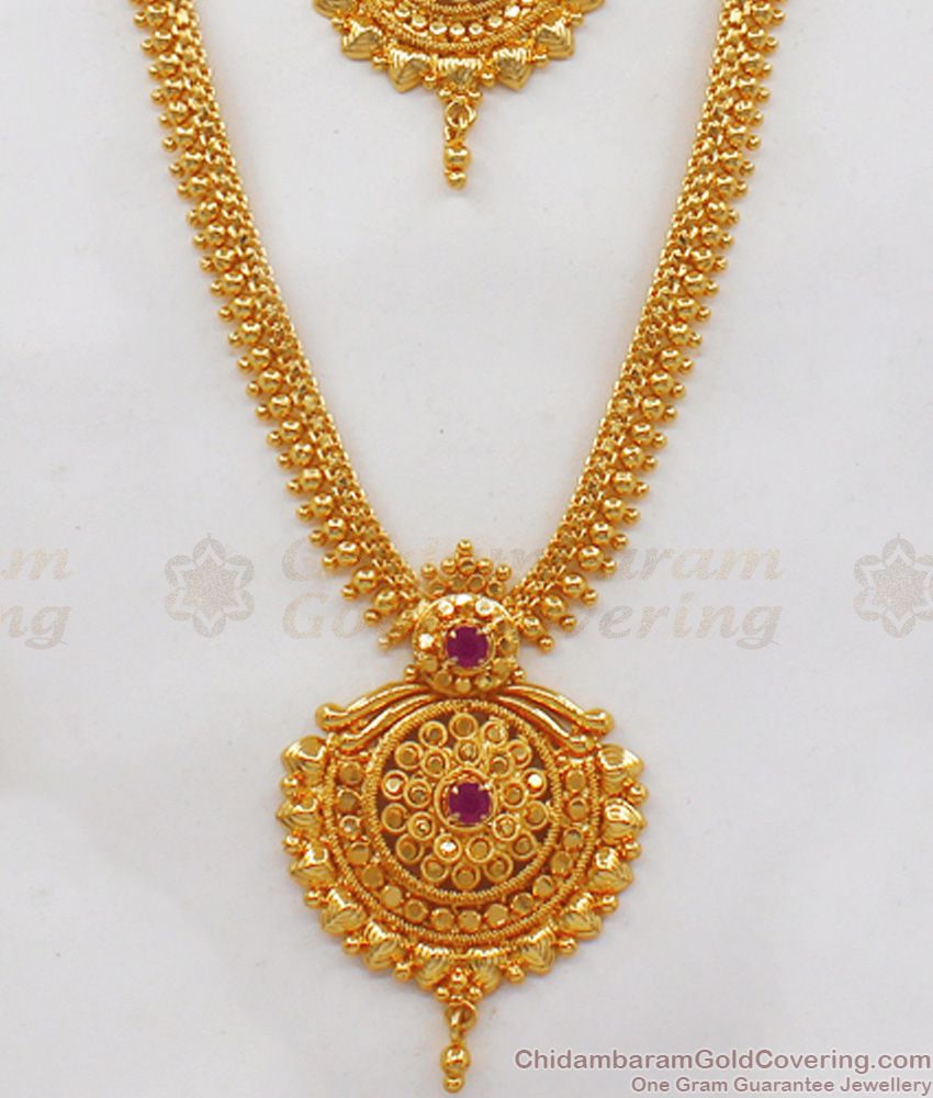 One Gram Gold Ruby Stone Haram Necklace Combo Designs HR2042