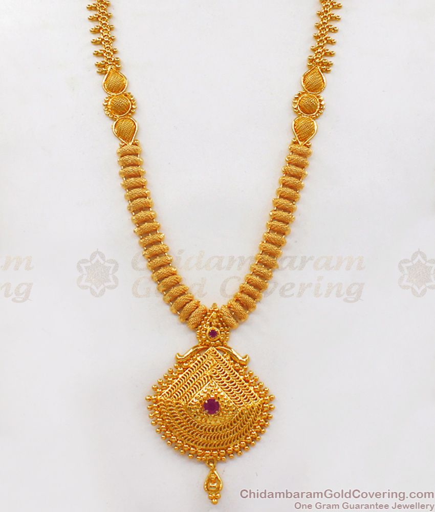 Party Wear Ruby Stone Long Gold Haram Designs HR2044