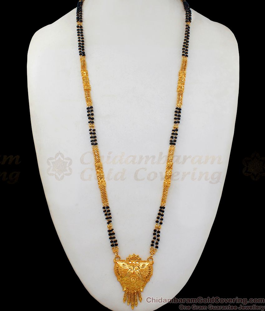 Long Gold Mangalsutra With Black Beads Designs For Women HR2050