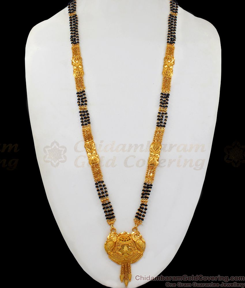 Peacock Dollar Design Gold Four Line Mangalsutra With Black Beads HR2053