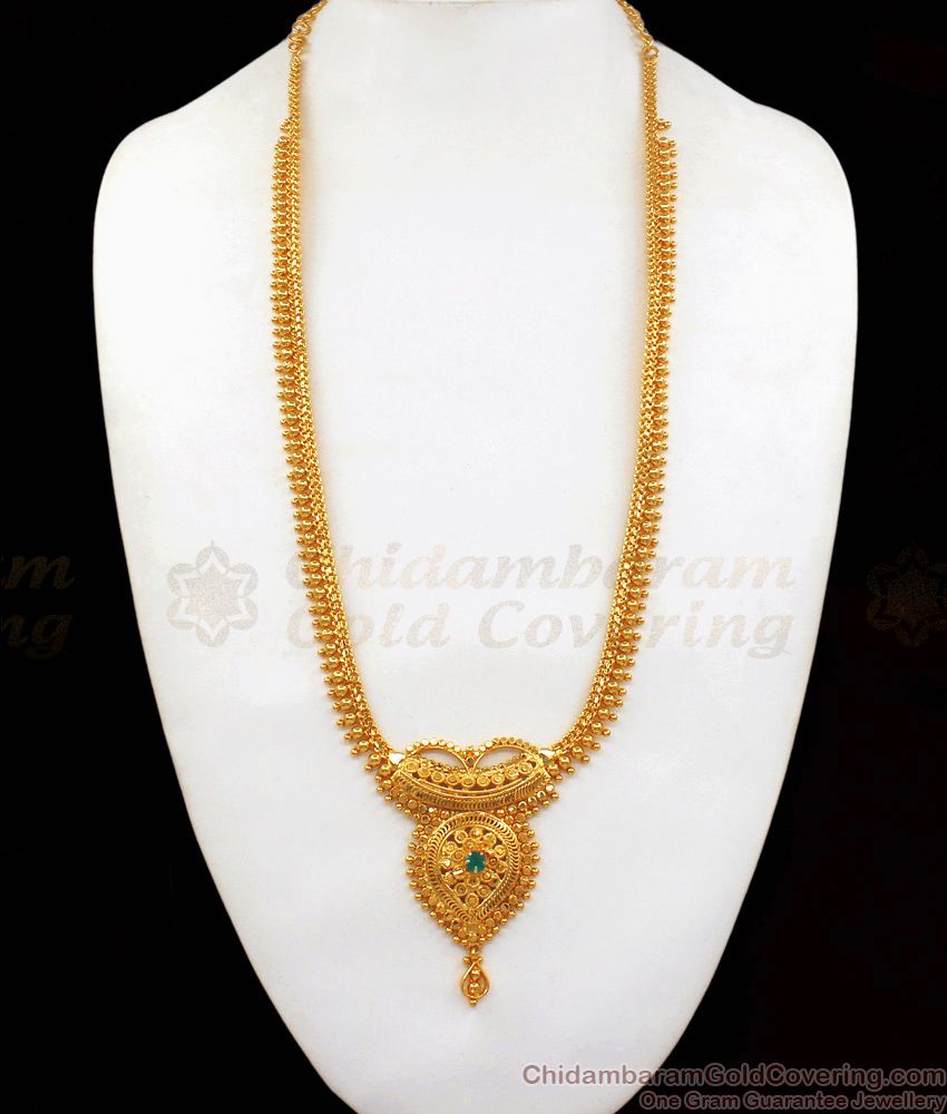 Bridal Wear Long One Gram Gold Haram With Emerald Stone HR2065