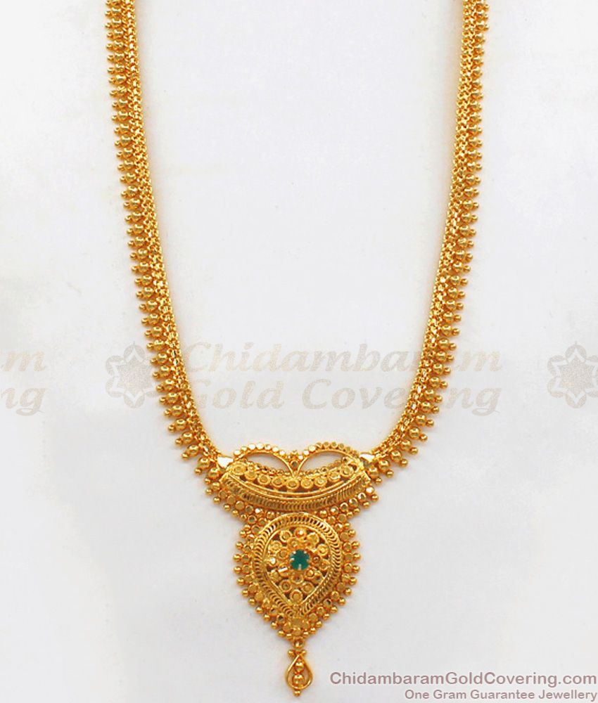 Bridal Wear Long One Gram Gold Haram With Emerald Stone HR2065