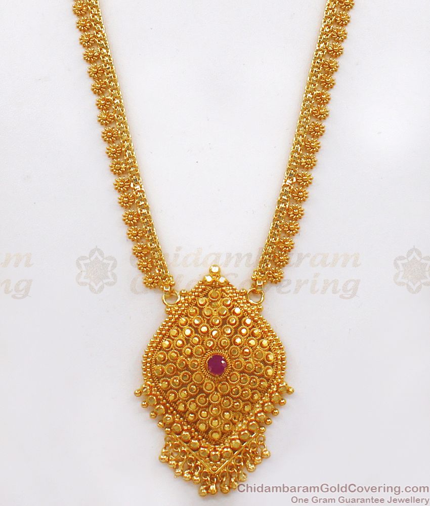 Single Ruby Stone One Gram Gold Long Haram Party Wear HR2070