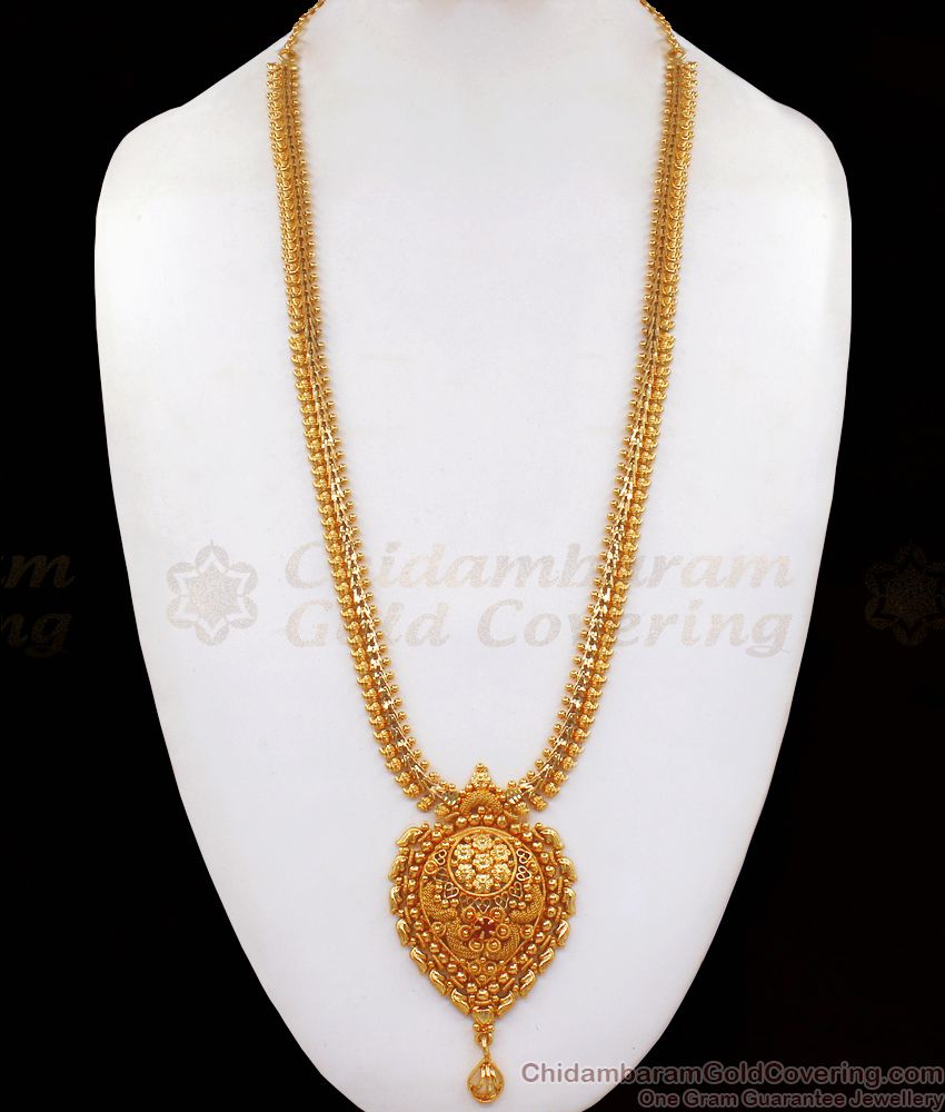 Ravishing Ruby Stone One Gram Gold Long Haram Bridal Wear HR2071