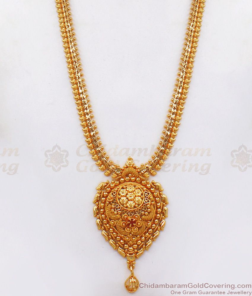 Ravishing Ruby Stone One Gram Gold Long Haram Bridal Wear HR2071