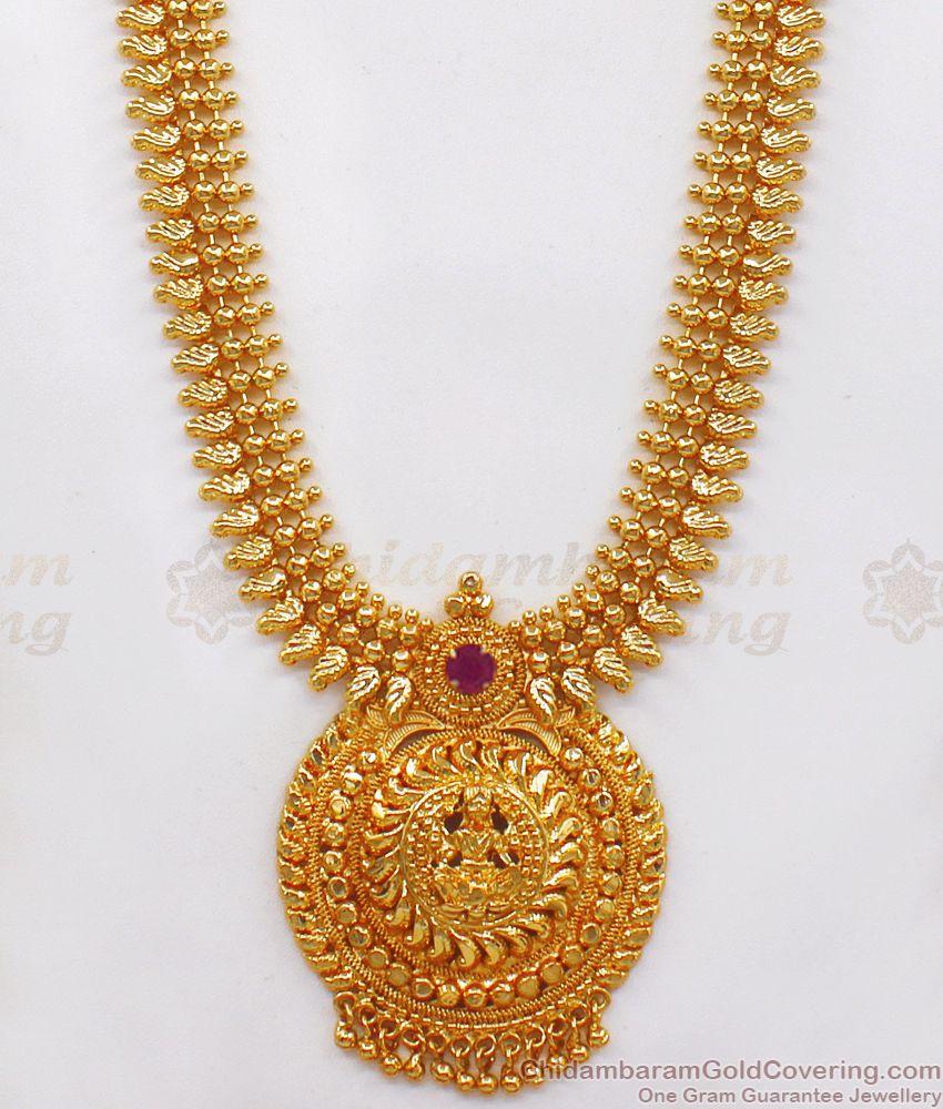 Heavy Lakshmi Dollar Ruby Stone One Gram Gold Long Haram HR2076