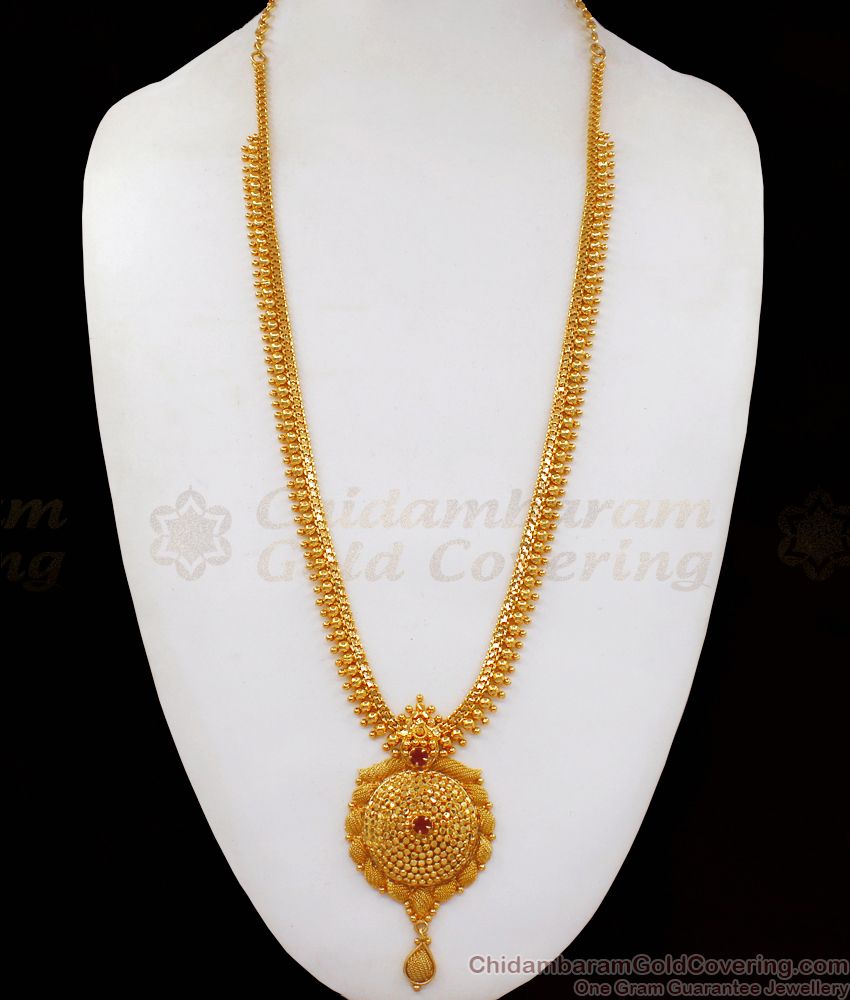 Enticing Net Design Ruby Stone One Gram Gold Long Haram HR2080