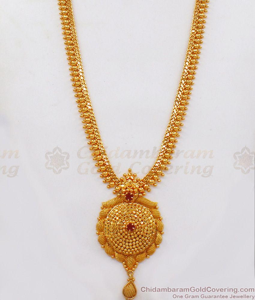 Enticing Net Design Ruby Stone One Gram Gold Long Haram HR2080