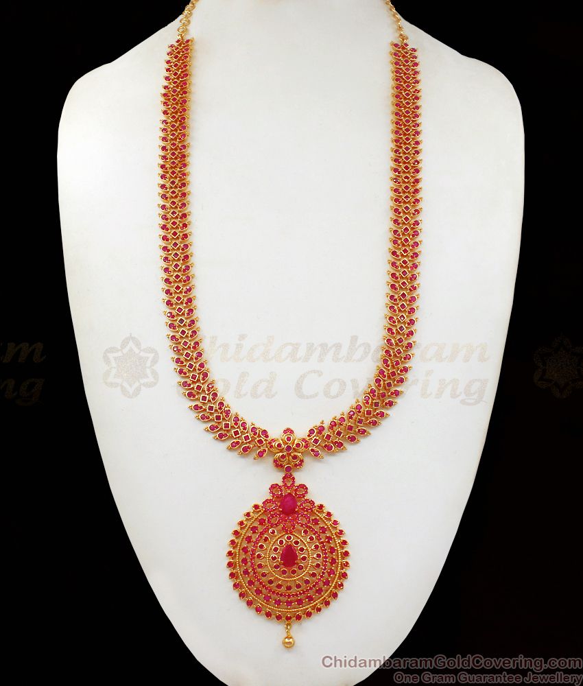 Premium Full Ruby Stone Bridal Wear Long Gold Haram Designs HR2085 Premium Full Ruby Stone Bridal Wear Long Gold Haram Designs HR2085