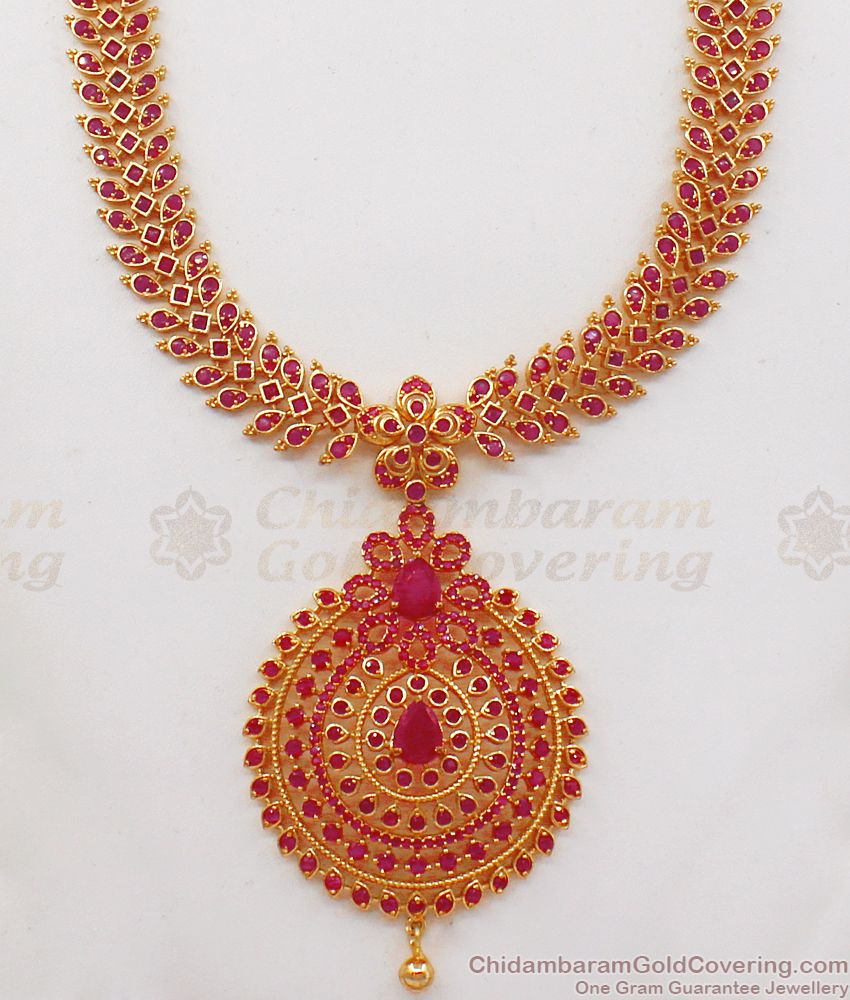 Premium Full Ruby Stone Bridal Wear Long Gold Haram Designs HR2085