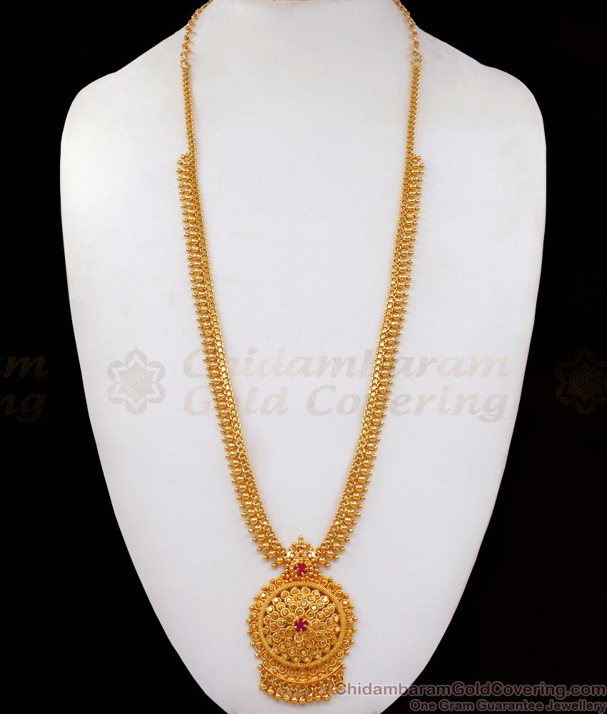 Ravishing Ruby Stone One Gram Gold Long Haram Shop Online HR2088