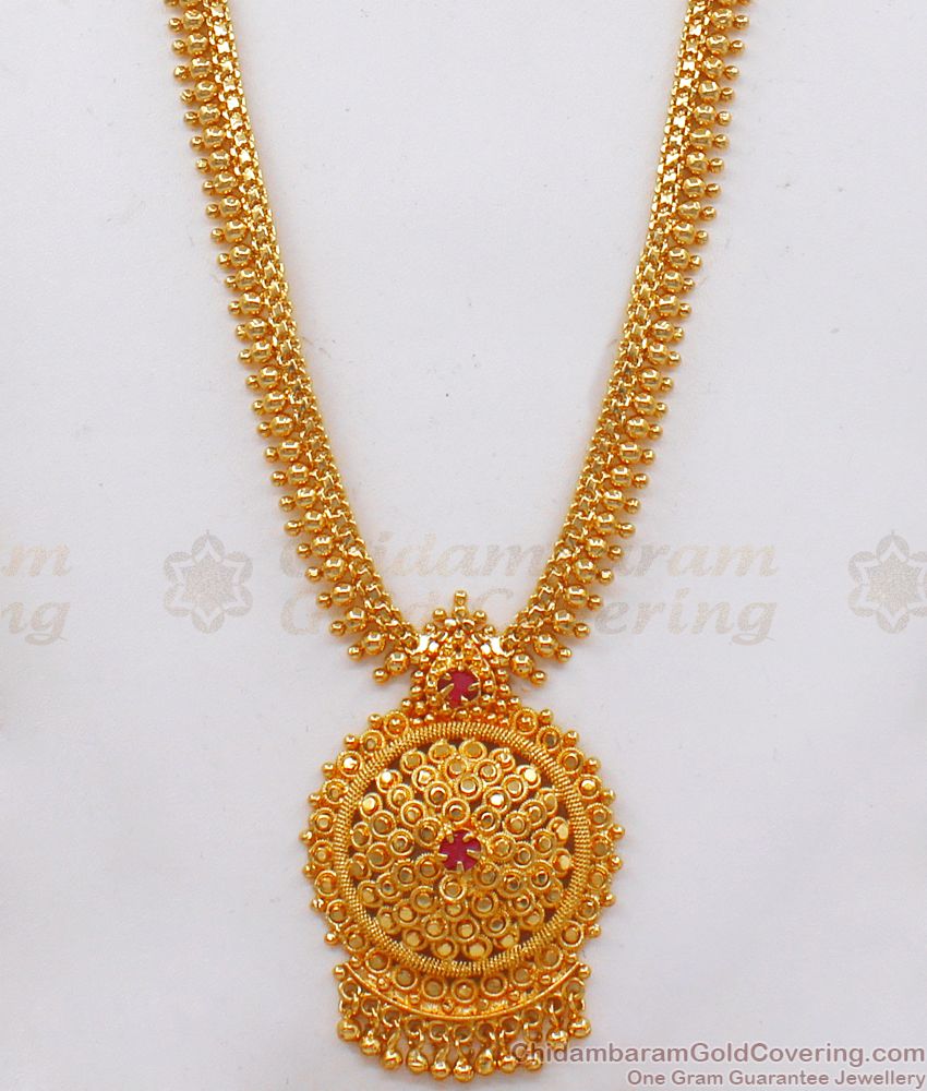 Ravishing Ruby Stone One Gram Gold Long Haram Shop Online HR2088