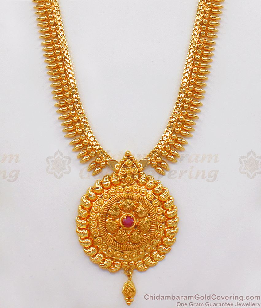 Single Ruby Stone One Gram Gold Long Haram Bridal Wear HR2089 Single Ruby Stone One Gram Gold Long Haram Bridal Wear HR2089