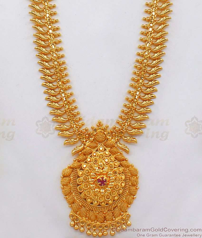 Mullaipoo Pattern Dollar Ruby Stone Long Gold Haram Designs HR2090