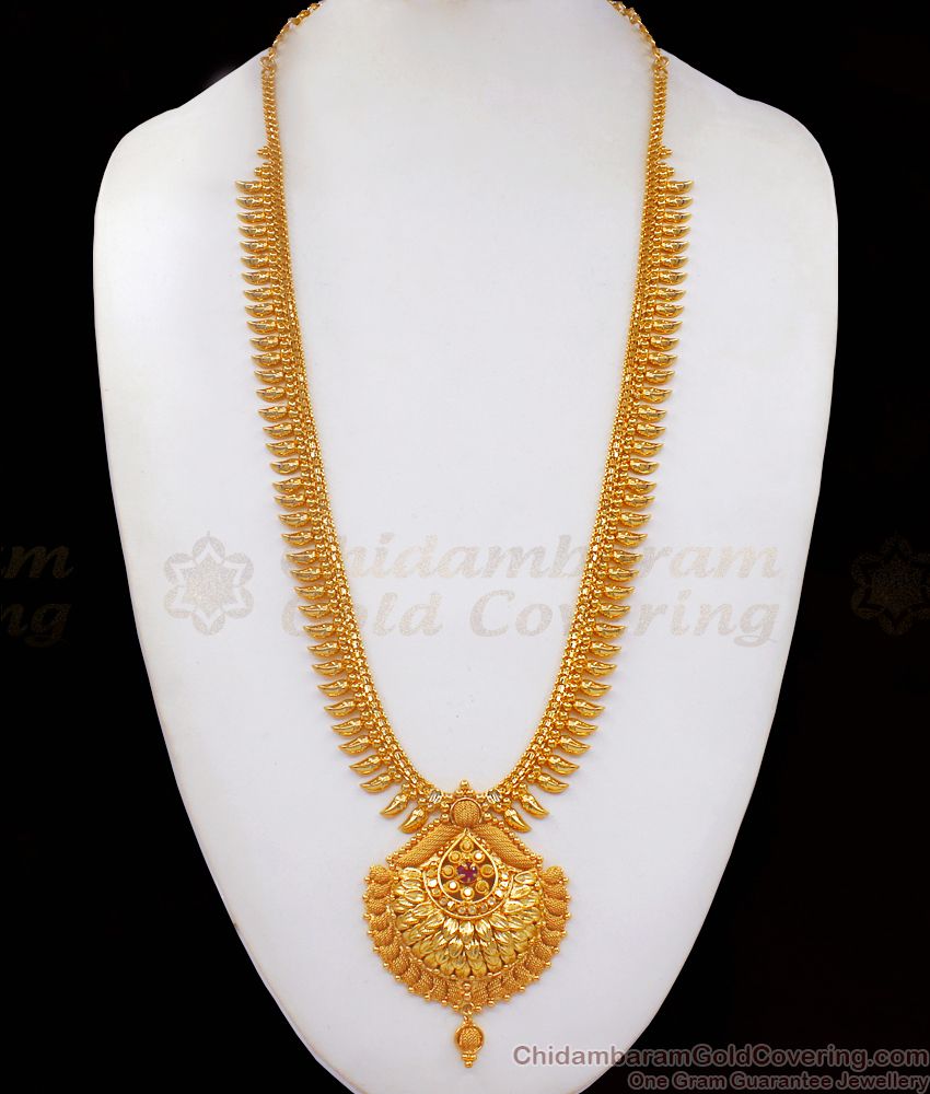 Traditional Wear One Gram Gold Long Haram With Ruby Stone HR2093