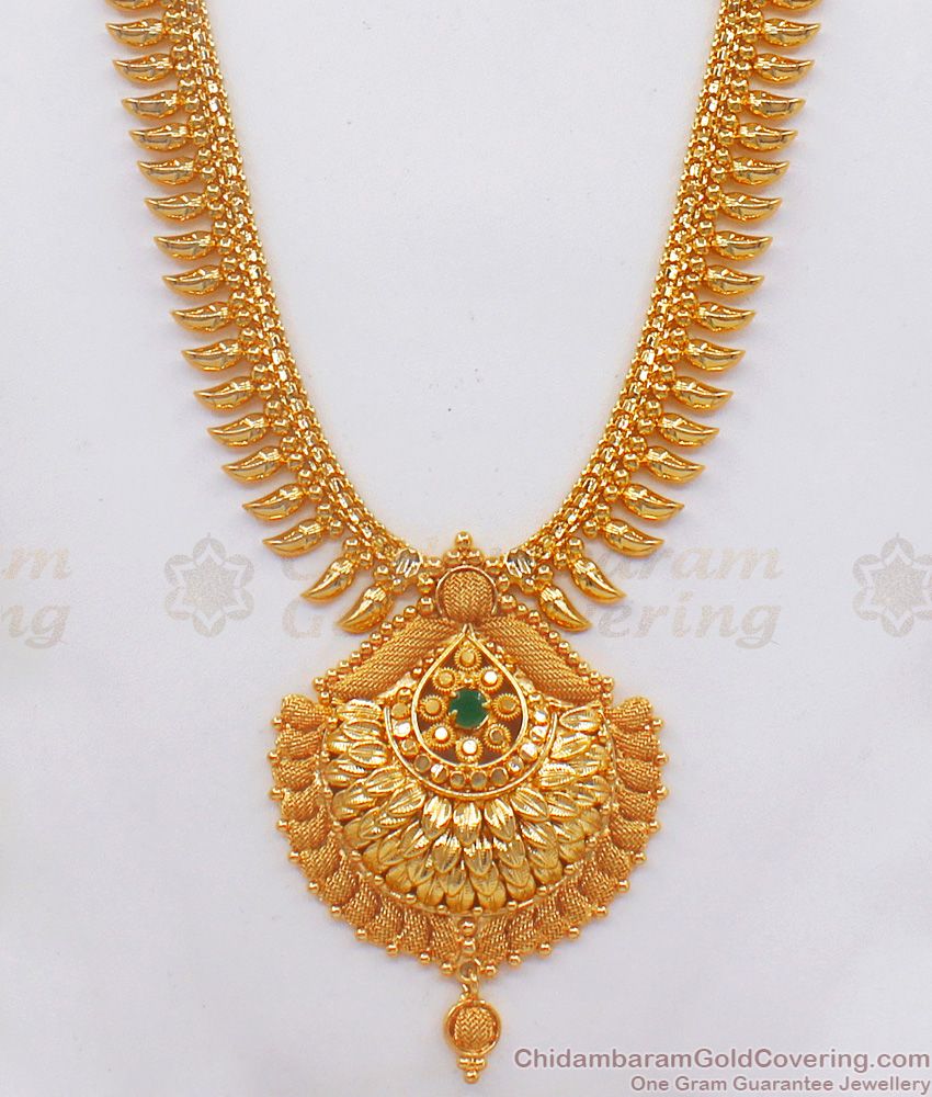 Wedding Collection One Gram Gold Long Haram With Emerald Stone HR2094