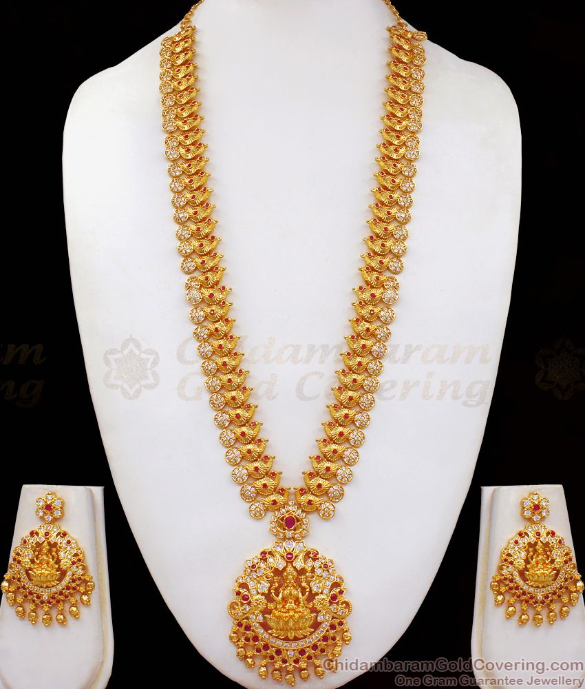 Traditional Lakshmi Design White Ruby Stone Haram Earrings Set HR2103