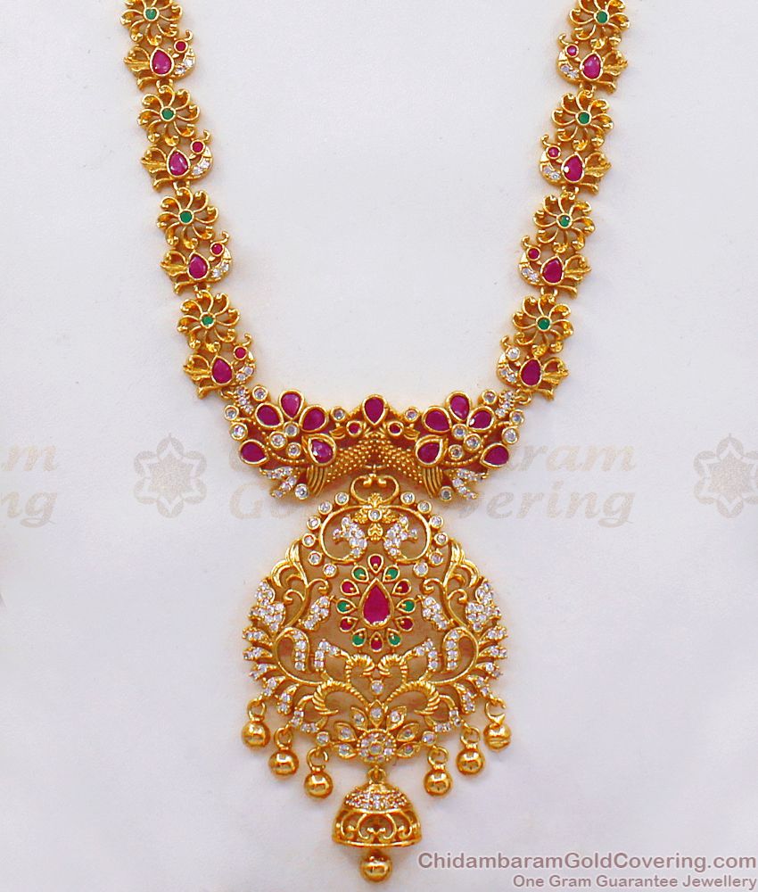 Grand Bridal Wear Multi Color Stone Gold Haram Earrings Set HR2104