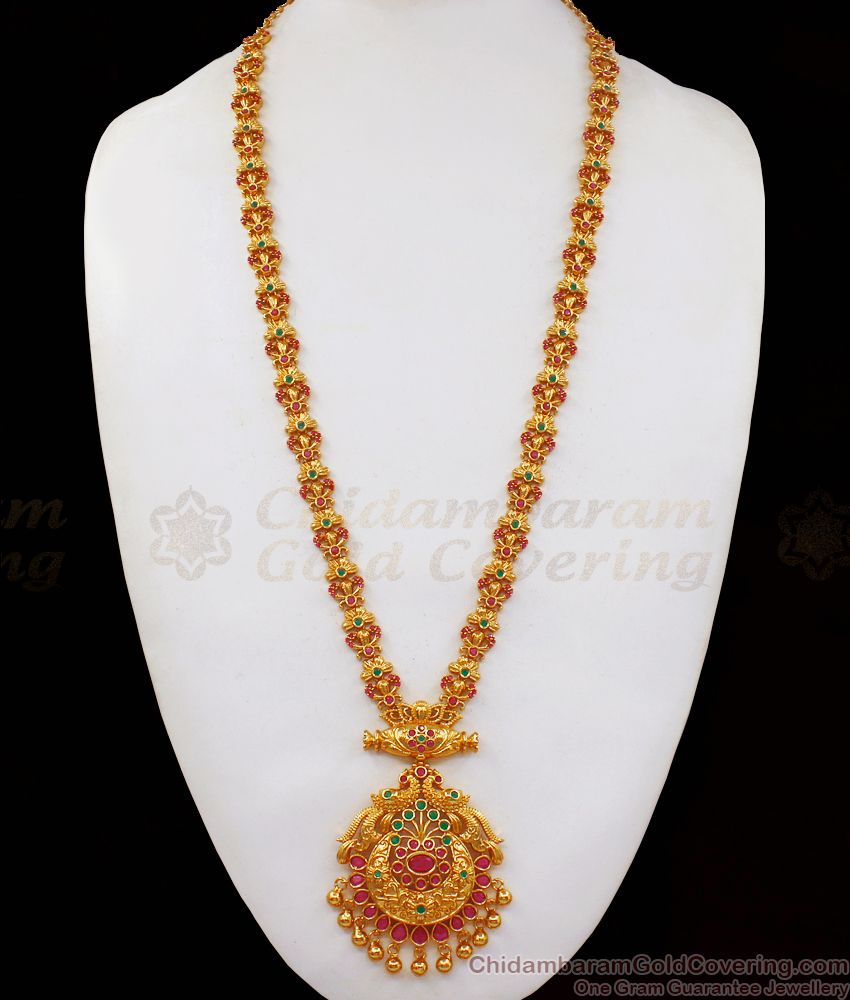 Fabulous Peacock Design Ruby Emerald Stone Long Gold Haram HR2109