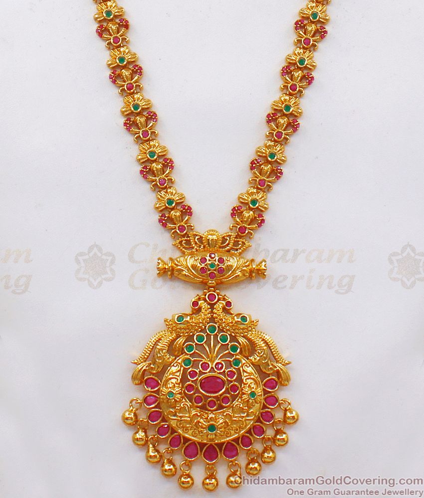 Fabulous Peacock Design Ruby Emerald Stone Long Gold Haram HR2109