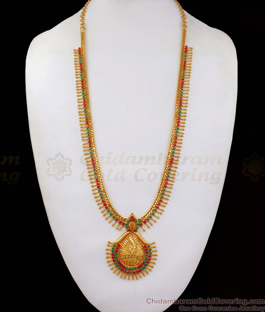 MullaiPoo Emerald Ruby Stone Long Gold Haram Kerala Designs Shop Online HR2110