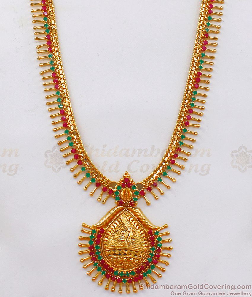 MullaiPoo Emerald Ruby Stone Long Gold Haram Kerala Designs Shop Online HR2110