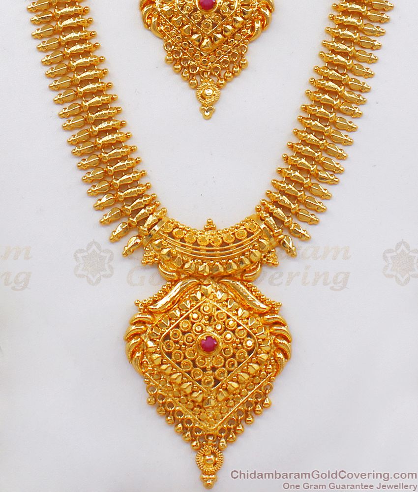 AD Ruby Stone Real Gold Haram And Necklace Combo HR2139