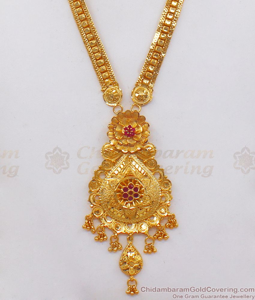 Floral Ruby Stone Forming Gold Haram Earring Combo HR2155