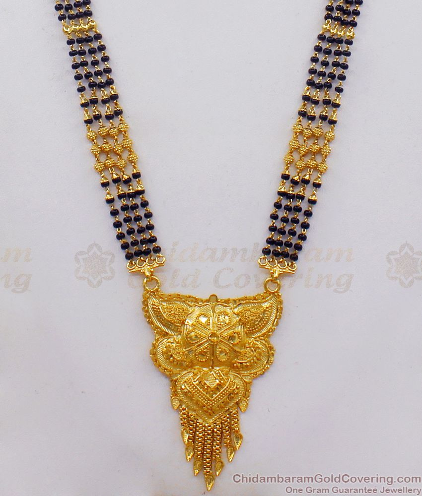 Traditional Four Line Forming Gold Black Beads Mangalsutra Long Chain HR2163