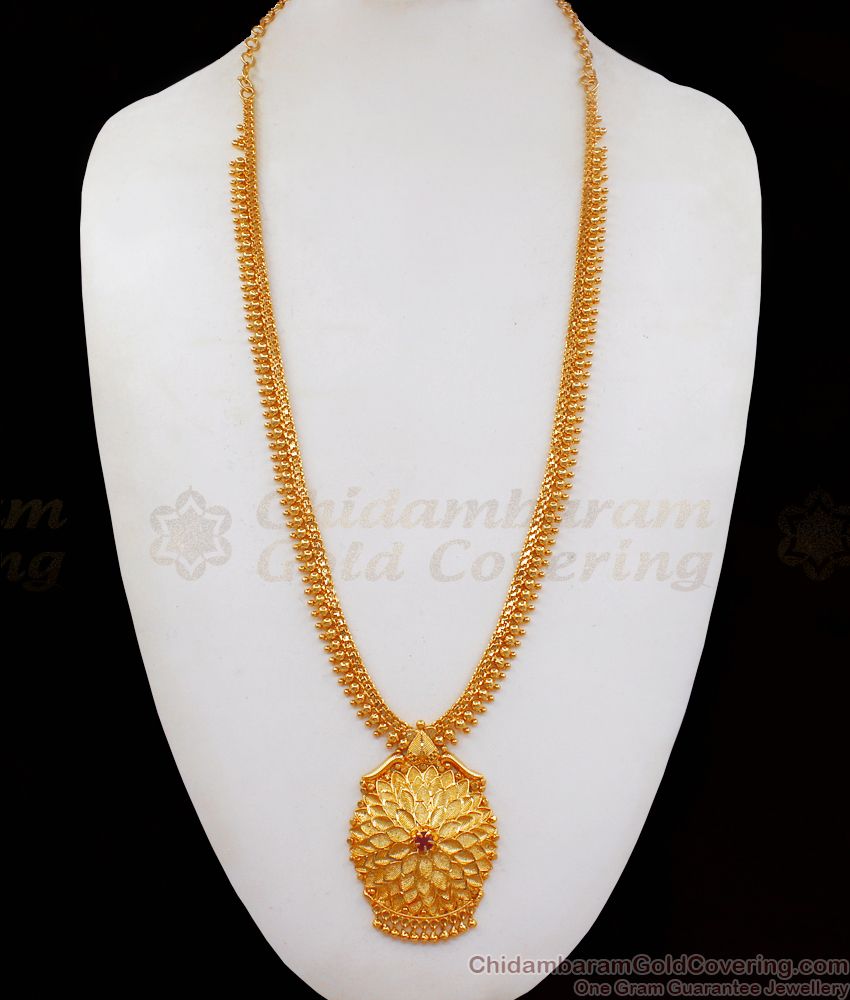 Trendy Lotus Design Ruby Stone Dollar Gold Haram HR2176