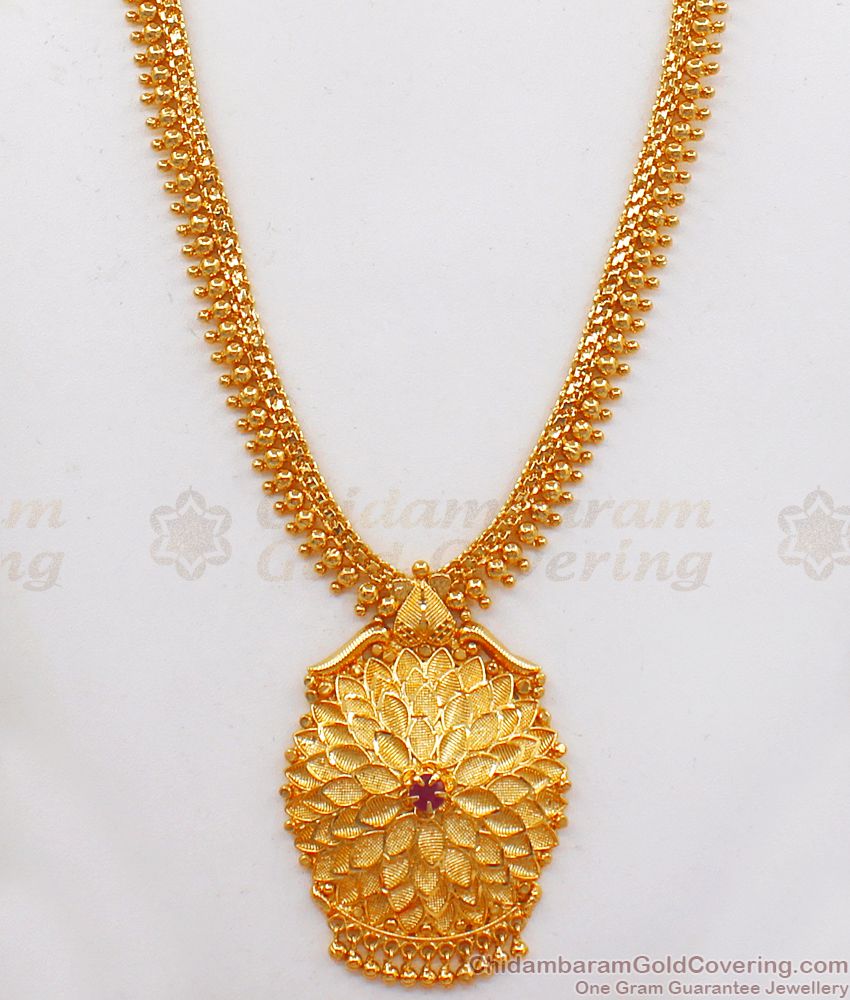 Trendy Lotus Design Ruby Stone Dollar Gold Haram HR2176