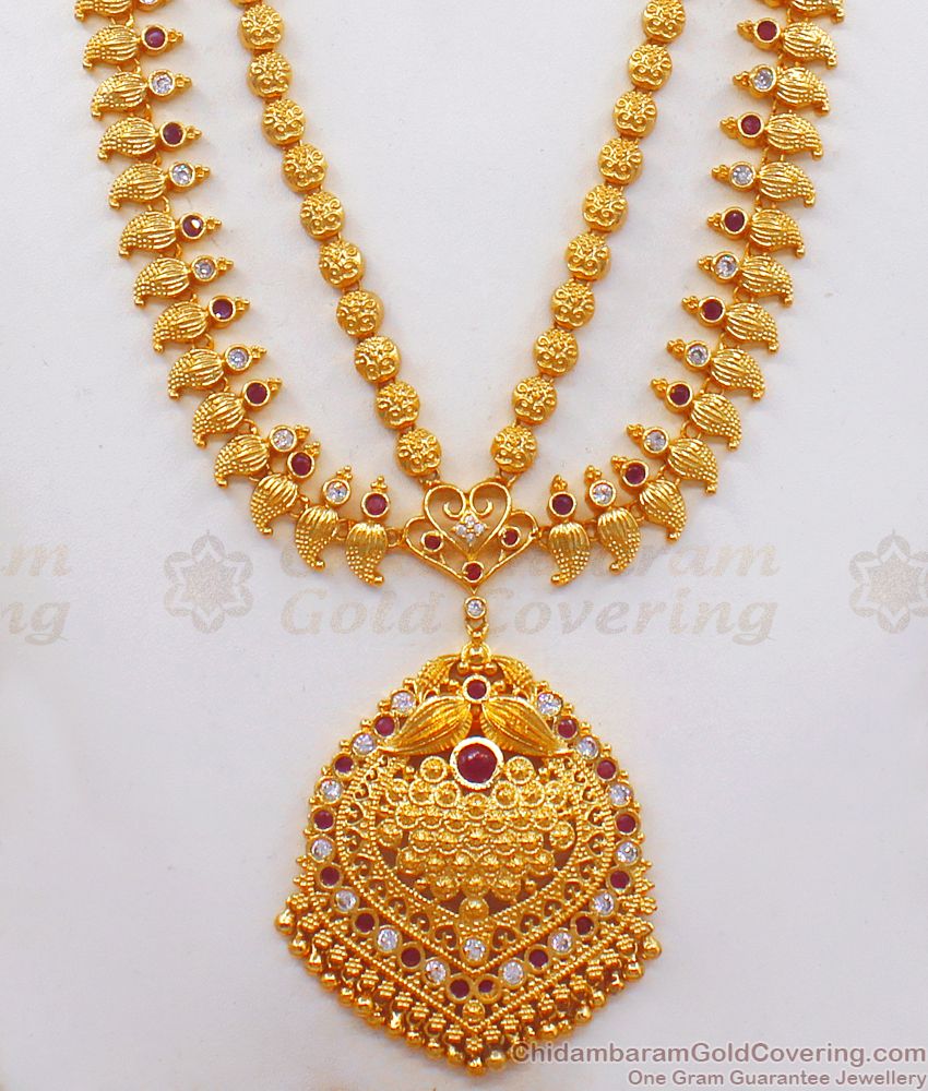 Grand Ruby Stone Gold Haram Earring Combo Necklace Set HR2181