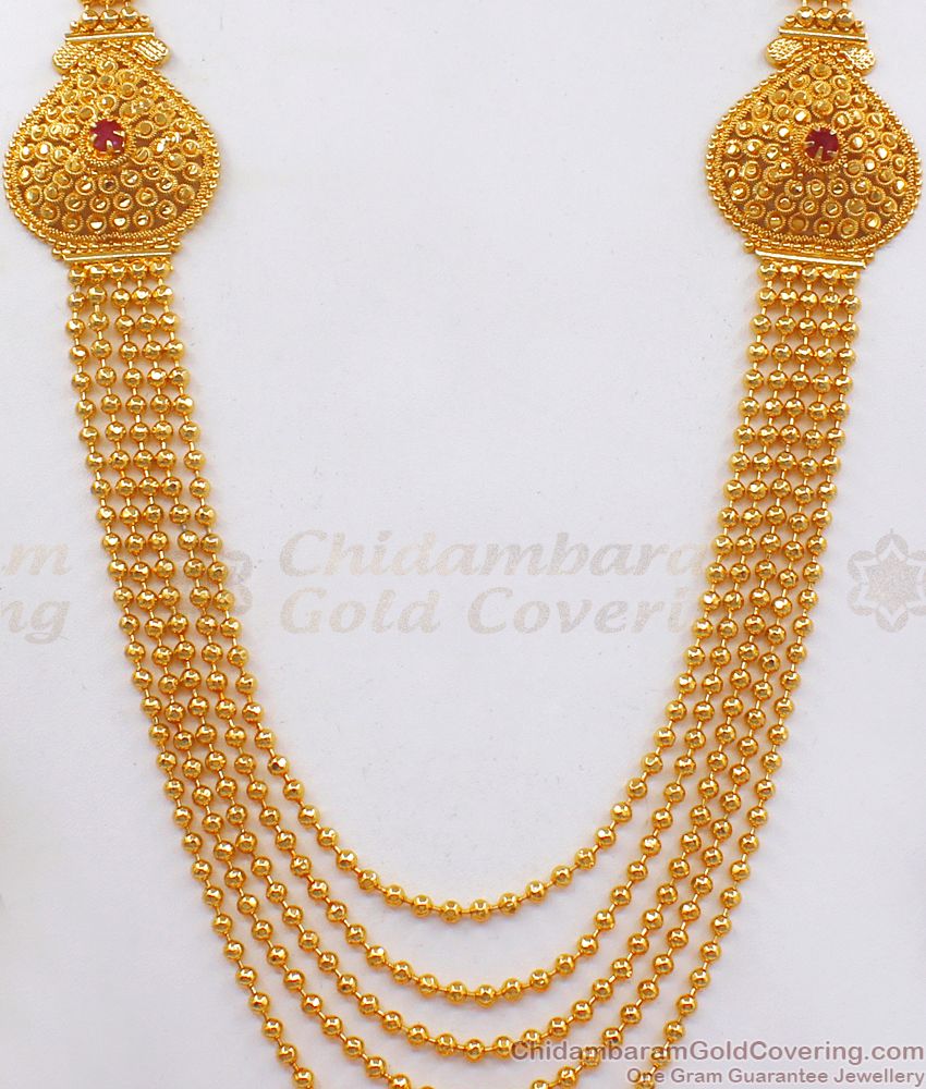 Sparkling Golden Beads Multi Layer Haram Ruby Stone Party Wear HR2182